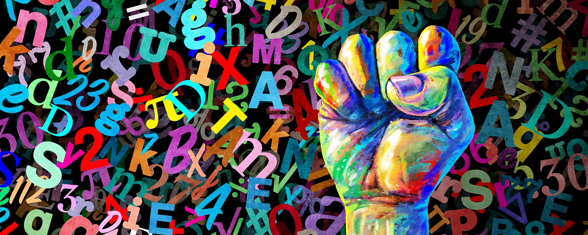 Fist pointing upward in front of letters